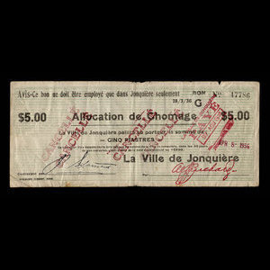 Canada, Ville de Jonquière, 5 dollars : 28 mars 1936