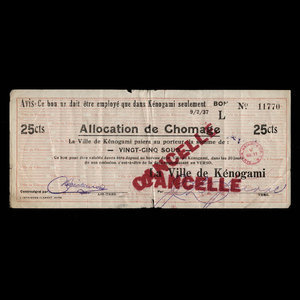 Canada, Ville de Kénogami, 25 cents : 9 février 1937