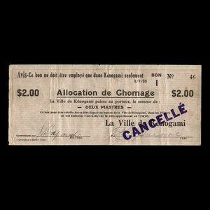 Canada, Ville de Kénogami, 2 dollars : 1 juillet 1935