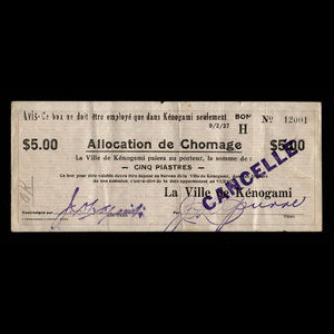 Canada, Ville de Kénogami, 5 dollars : 9 février 1937