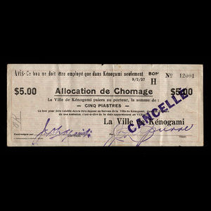 Canada, Ville de Kénogami, 5 dollars : 9 février 1937