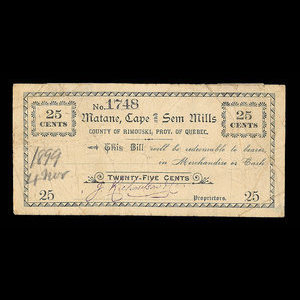 Canada, Matane, Cape & Sem Mills, 25 cents : 4 novembre 1899