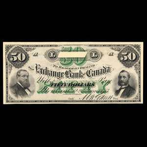 Canada, Exchange Bank of Canada, 50 dollars : 2 janvier 1873