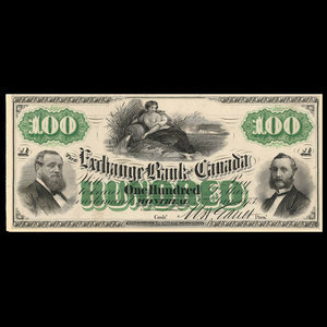 Canada, Exchange Bank of Canada, 100 dollars : 2 janvier 1873