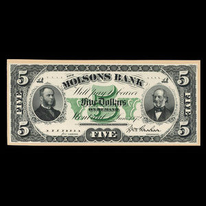 Canada, Molsons Bank, 5 dollars : 1 juin 1872