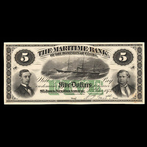 Canada, Maritime Bank of the Dominion of Canada, 5 dollars : 2 janvier 1873