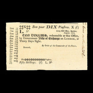 Canada, Army Bill Office, 10 dollars : octobre 1814