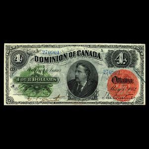 Canada, Dominion du Canada, 4 dollars : 1 mai 1882