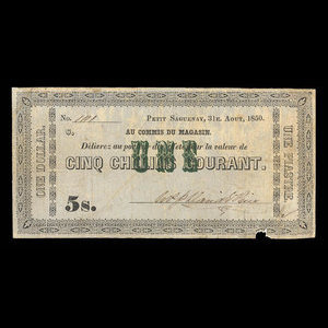 Canada, William Price & Fils, 5 shillings : 31 août 1850