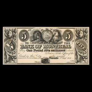 Canada, Banque de Montréal, 5 dollars : 2 août 1844