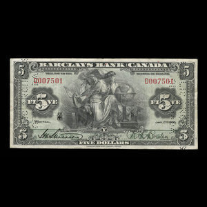 Canada, Barclays Bank, 5 dollars : 2 janvier 1935