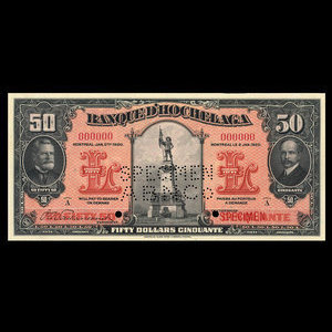 Canada, Banque d'Hochelaga, 50 dollars : 2 janvier 1920