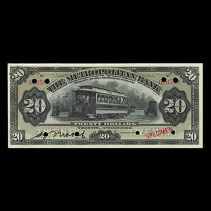 Canada, Metropolitan Bank (The), 20 dollars : 5 novembre 1909