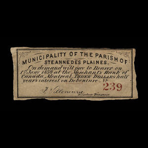 Canada, Paroisse de Sainte-Anne-des-Plaines, 3 dollars : 1 janvier 1878