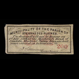 Canada, Paroisse de Sainte-Anne-des-Plaines, 3 dollars : 1 janvier 1878