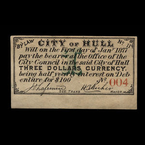Canada, Ville de Hull, 3 dollars : 1 janvier 1877