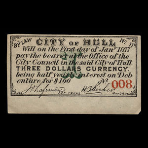 Canada, Ville de Hull, 3 dollars : 1 janvier 1877