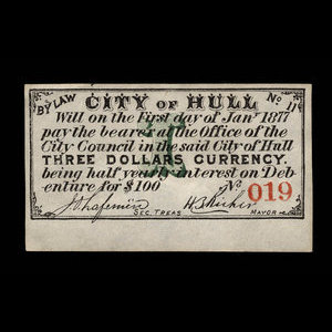 Canada, Ville de Hull, 3 dollars : 1 janvier 1877