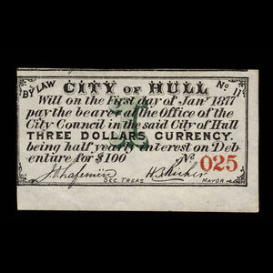 Canada, Ville de Hull, 3 dollars : 1 janvier 1877