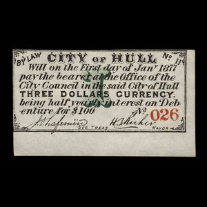 Canada, Ville de Hull, 3 dollars : 1 janvier 1877