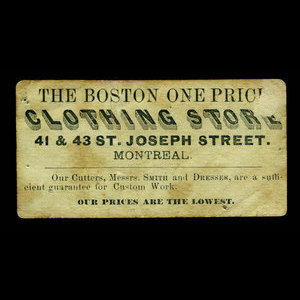 Canada, Boston One Price Clothing Store, aucune dénomination : 1887