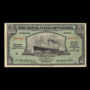 Barbade, Banque Royale du Canada, 5 dollars : 3 janvier 1938