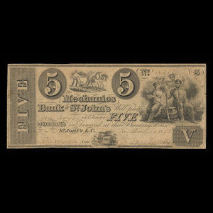 Canada, Mechanics Bank of St. John's, 5 dollars : 18 juin 1858
