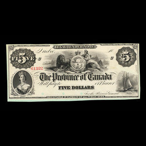 Canada, Province du Canada, 5 dollars : 1865