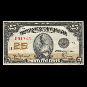 Canada, Dominion du Canada, 25 cents : 2 juillet 1923