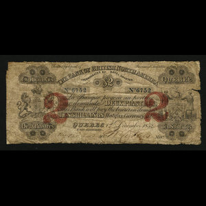 Canada, Bank of British North America, 2 dollars : 1 décembre 1852