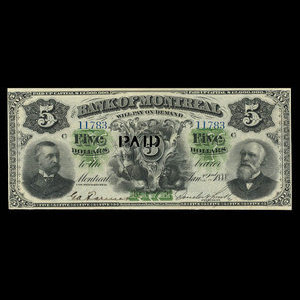Canada, Banque de Montréal, 5 dollars : 2 janvier 1888