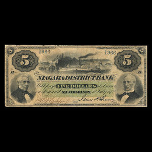 Canada, Niagara District Bank, 5 dollars : 1 juillet 1872