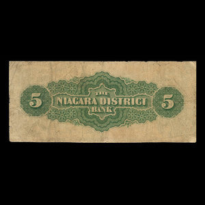 Canada, Niagara District Bank, 5 dollars : 1 juillet 1872