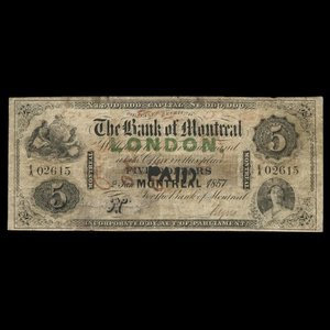 Canada, Banque de Montréal, 5 dollars : 2 janvier 1857