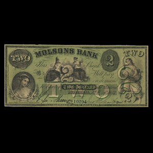 Canada, Molsons Bank, 2 dollars : 1 octobre 1857