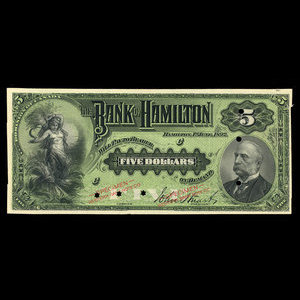 Canada, Bank of Hamilton, 5 dollars : 1 juin 1892