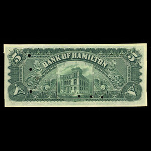 Canada, Bank of Hamilton, 5 dollars : 1 juin 1892