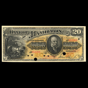 Canada, Bank of Hamilton, 20 dollars : 1 juin 1892