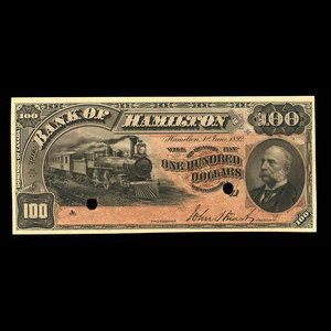 Canada, Bank of Hamilton, 100 dollars : 1 juin 1892