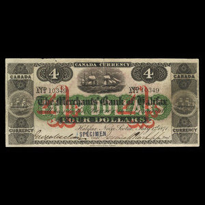 Canada, Merchants' Bank of Halifax, 4 dollars : 1 juillet 1871