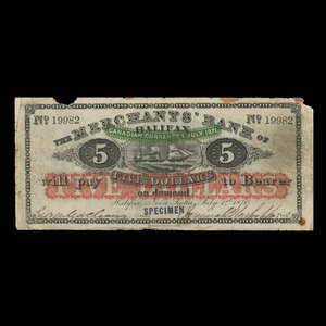 Canada, Merchants' Bank of Halifax, 5 dollars : 1 juillet 1870