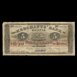 Canada, Merchants' Bank of Halifax, 5 dollars : 1 juillet 1871