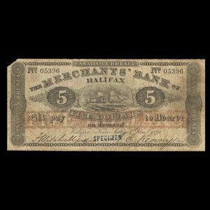 Canada, Merchants' Bank of Halifax, 5 dollars : 1 janvier 1872