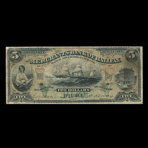 Canada, Merchants' Bank of Halifax, 5 dollars : 1 juillet 1880