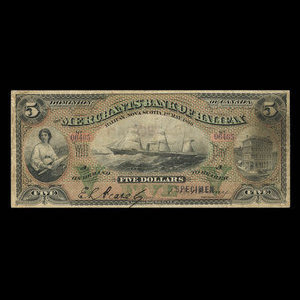 Canada, Merchants' Bank of Halifax, 5 dollars : 1 mai 1890