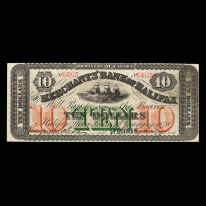 Canada, Merchants' Bank of Halifax, 10 dollars : 1 janvier 1878