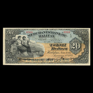 Canada, Merchants' Bank of Halifax, 20 dollars : 1 janvier 1883