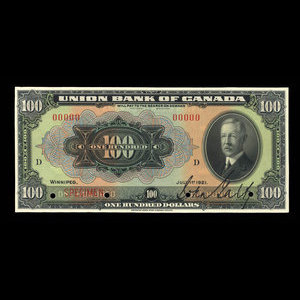 Canada, Union Bank of Canada (The), 100 dollars : 1 juillet 1921