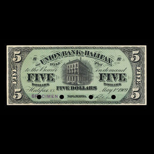 Canada, Union Bank of Halifax, 5 dollars : 1 mai 1909