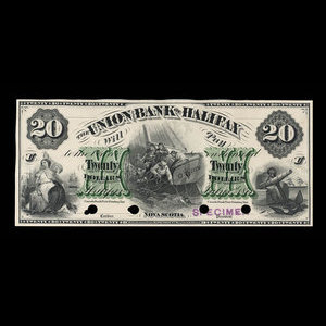 Canada, Union Bank of Halifax, 20 dollars : 1 juillet 1871
